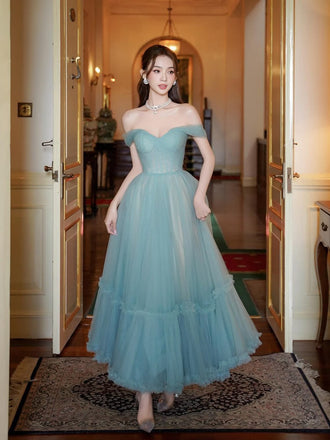 Morden Dusty Blue Tulle Off Shoulder Long Evening Prom Dresses, A-line Prom Dress, MR0269