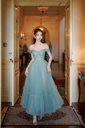 Morden Dusty Blue Tulle Off Shoulder Long Evening Prom Dresses, A-line Prom Dress, MR0269