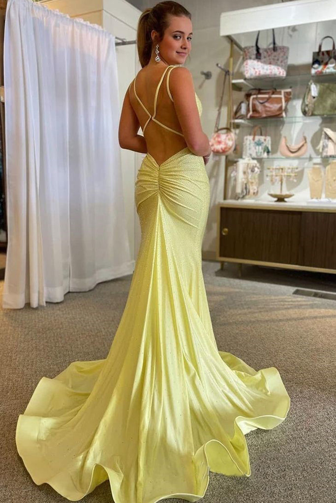 Lovely Yellow Mermaid Backless V-neck Long Evening Prom Dresses, MR0270