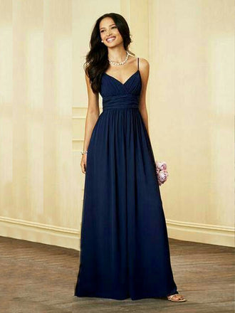Simple Navy Blue Chiffon Spaghetti Straps V-neck Long Evening Prom Dresses A-line, MR0272