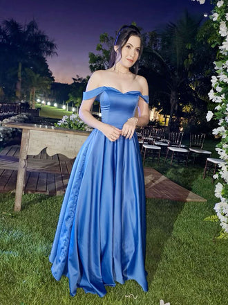 Formal Off Shoulder Blue Satin A-line Long Evening Prom Dresses, MR0279