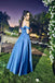 Formal Off Shoulder Blue Satin A-line Long Evening Prom Dresses, MR0279