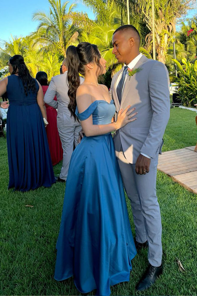 Formal Off Shoulder Blue Satin A-line Long Evening Prom Dresses, MR0279