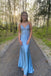 Blue Sparkly Mermaid V-neck Long Evening Prom Dresses, Spaghetti Straps Prom Dress, MR0283