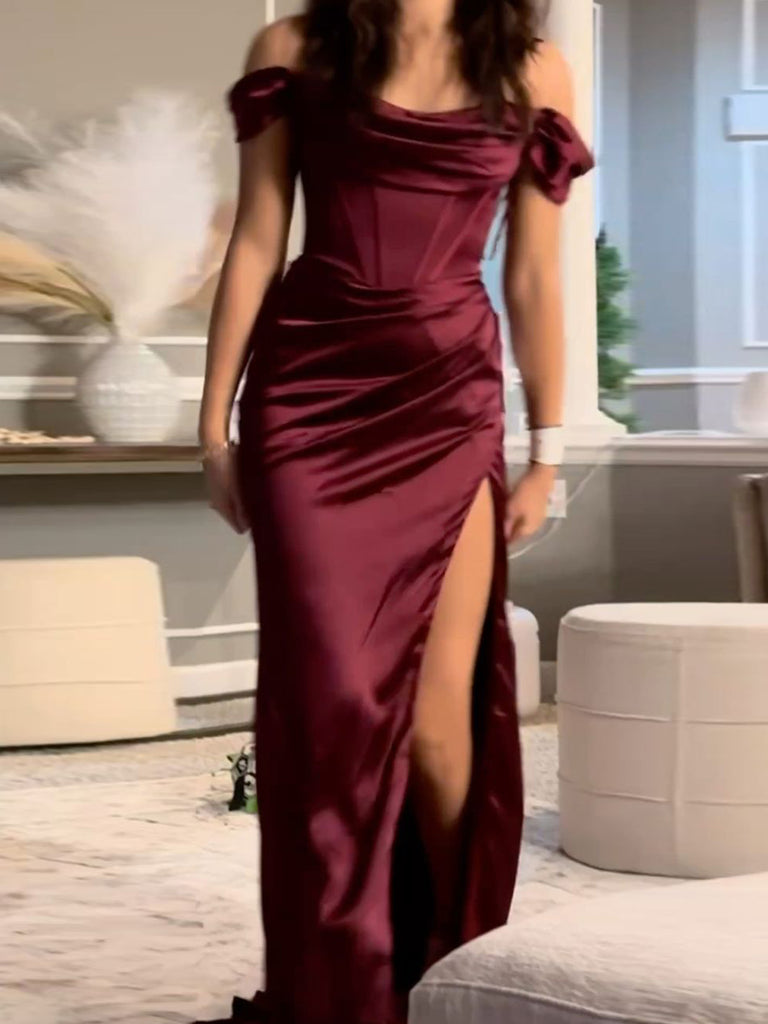 Burgundy Satin Mermaid Off Shoulder Side Slit Long Evening Prom Dresses, MR0285