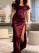 Burgundy Satin Mermaid Off Shoulder Side Slit Long Evening Prom Dresses, MR0285