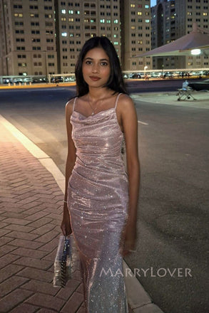 Pink Sparkly Mermaid Spaghetti Straps Long Evening Prom Dresses, Backless Prom Dress, MR0286