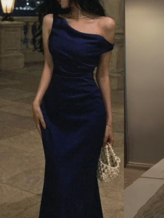 Dark Blue Satin Mermaid Long Evening Prom Dresses, MR0290