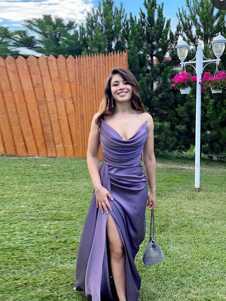 Lovely Side Slit Purple Satin Mermaid Long Evening Prom Dresses, MR0292