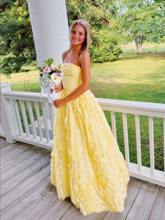 Gorgeous Strapless Yellow A-line Long Evening Prom Dresses, MR0294