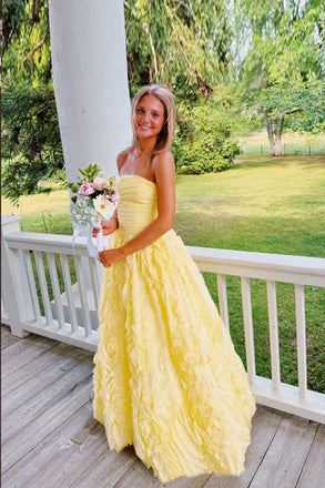 Gorgeous Strapless Yellow A-line Long Evening Prom Dresses, MR0294