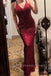 Red Sequins V-neck Long Evening Prom Dresses, Mermaid Backless Prom Dress, MR0300
