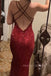 Red Sequins V-neck Long Evening Prom Dresses, Mermaid Backless Prom Dress, MR0300