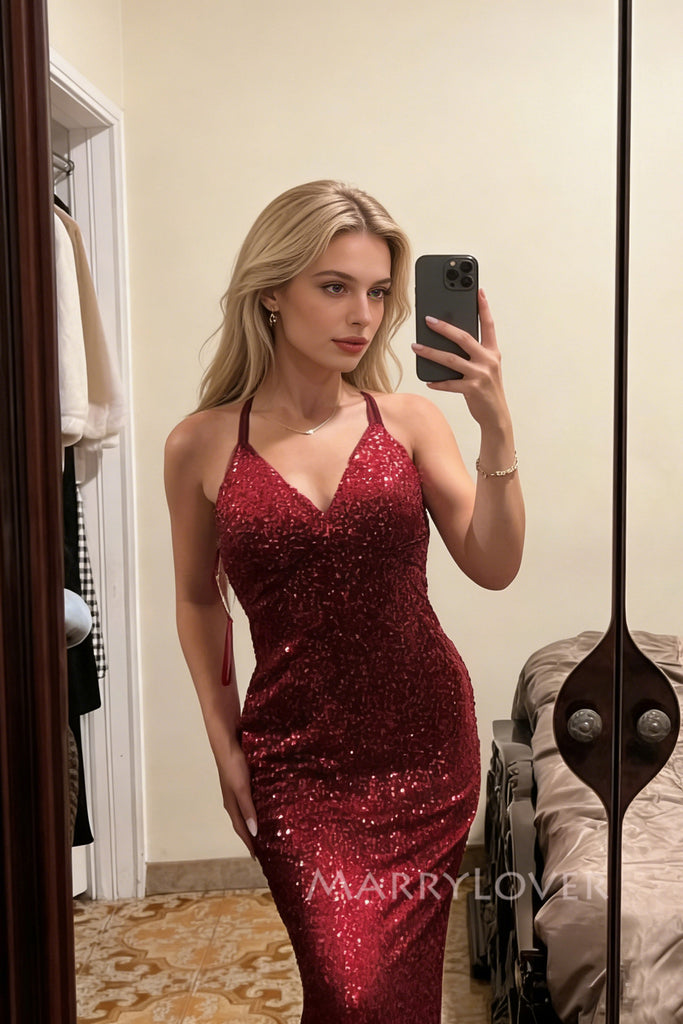 Red Sequins V-neck Long Evening Prom Dresses, Mermaid Backless Prom Dress, MR0300