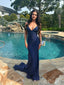 Sexy Mermaid Spaghetti Straps Navy Blue Long Evening Prom Dresses, V-neck Prom Dress, MR0302