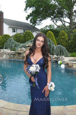 Sexy Mermaid Spaghetti Straps Navy Blue Long Evening Prom Dresses, V-neck Prom Dress, MR0302