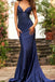 Sexy Mermaid Spaghetti Straps Navy Blue Long Evening Prom Dresses, V-neck Prom Dress, MR0302