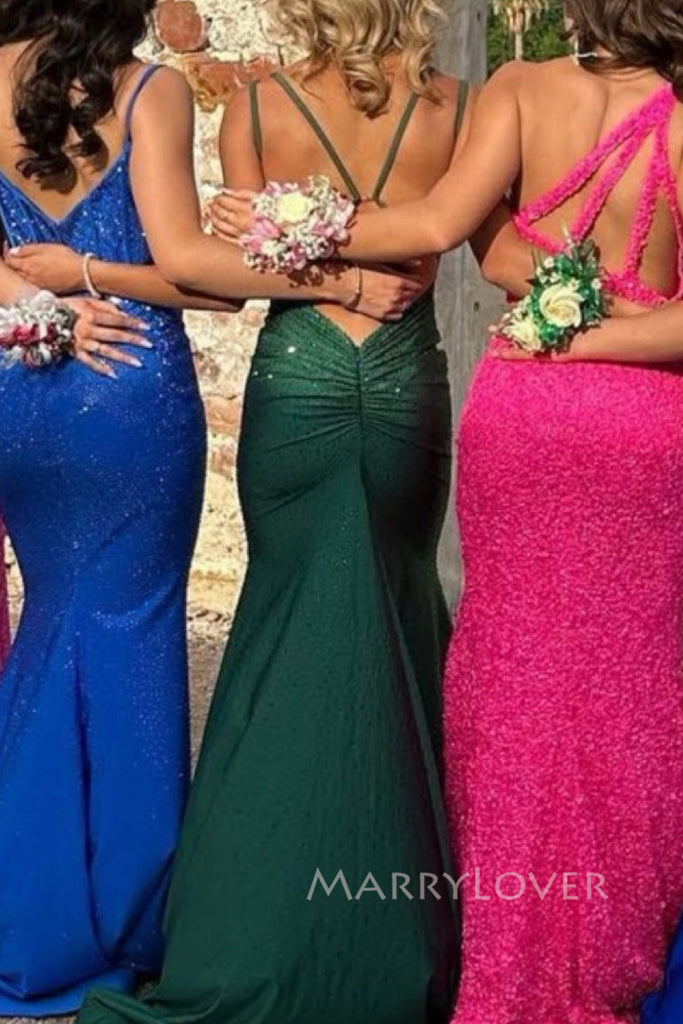 Gorgeous V-neck Green Mermaid Spaghetti Straps Long Evening Prom Dresses, MR0306