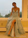 Blue Tulle A-line Long Evening Prom Dresses, Deep V-neck Prom Dress, MR0307