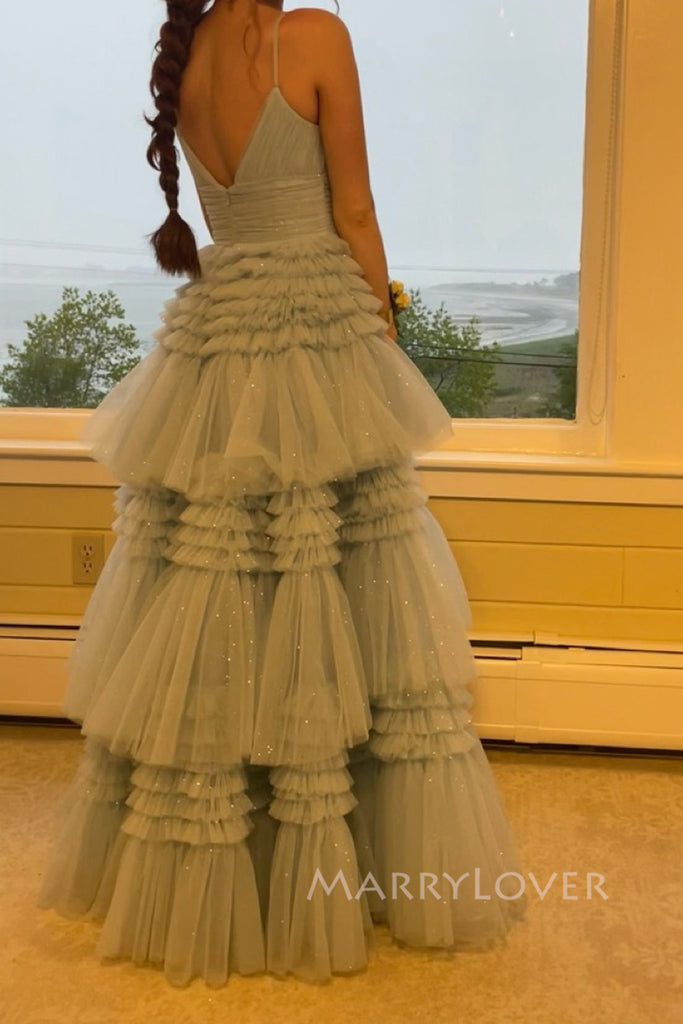 Blue Tulle A-line Long Evening Prom Dresses, Deep V-neck Prom Dress, MR0307