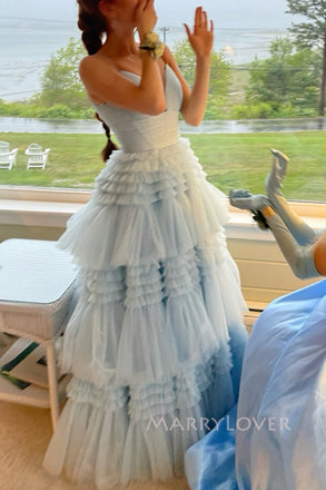 Blue Tulle A-line Long Evening Prom Dresses, Deep V-neck Prom Dress, MR0307