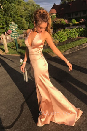 Deep V-neck Pink Satin Mermaid Long Evening Prom Dresses, MR0309