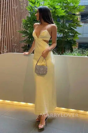 Sexy Spaghetti Straps Yellow Silk Satin Mermaid Long Evening Prom Dresses, MR0310