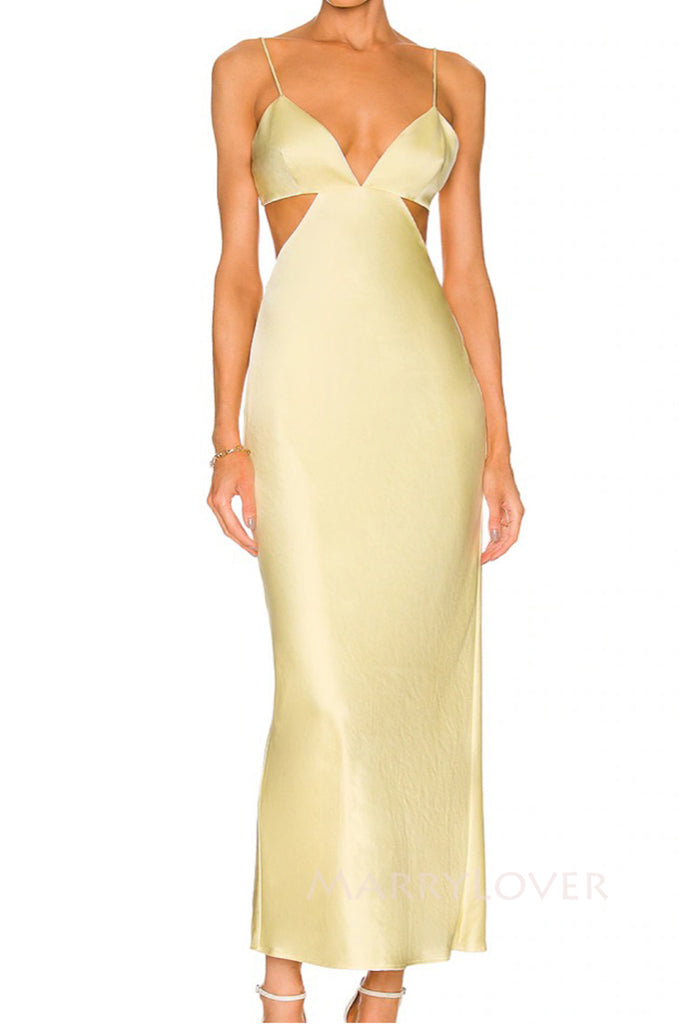 Sexy Spaghetti Straps Yellow Silk Satin Mermaid Long Evening Prom Dresses, MR0310