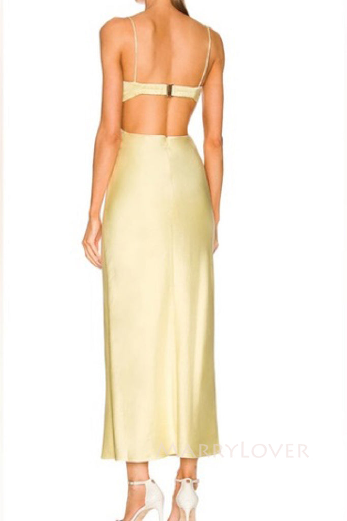 Sexy Spaghetti Straps Yellow Silk Satin Mermaid Long Evening Prom Dresses, MR0310