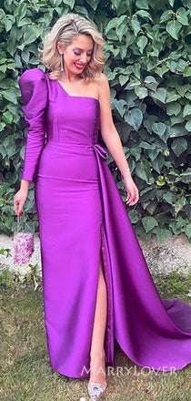 Long Sleeves Purple Satin Mermaid Long Evening Prom Dresses, Custom One Shoulder Prom Dress, MR8814