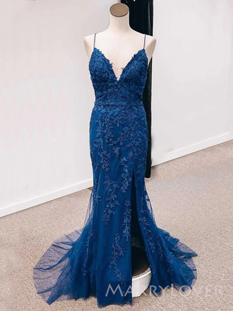 Popular Spaghetti Straps Navy Blue Tulle Appliques Mermaid Long Evening Prom Dresses, Custom V-neck Prom Dress, MR8817