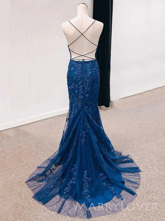 Popular Spaghetti Straps Navy Blue Tulle Appliques Mermaid Long Evening Prom Dresses, Custom V-neck Prom Dress, MR8817