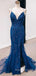 Popular Spaghetti Straps Navy Blue Tulle Appliques Mermaid Long Evening Prom Dresses, Custom V-neck Prom Dress, MR8817