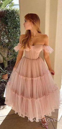 Off Shoulder Pink Tulle A-line Long Evening Prom Dresses, Custom Prom Dress, MR8821