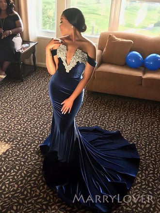 Mermaid Navy Blue Velvet Long Evening Prom Dresses, Custom Off Shoulder Prom Dress, MR8822