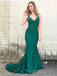 Simple Emerald Green Satin Mermaid Long Evening Prom Dresses, Custom Spaghetti Straps Prom Dress, MR8828