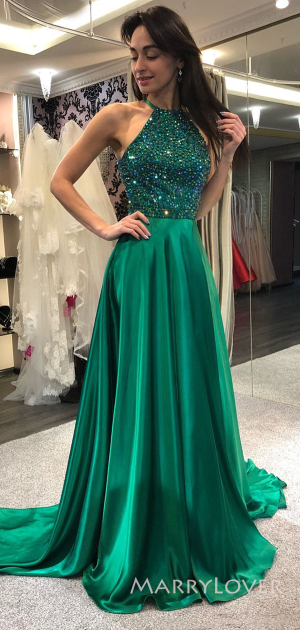 Halter A-line Emerald Satin Beaded Long Evening Prom Dresses, Custom S MarryLover Halter A-line Emerald Satin Beaded Long Evening Prom Dresses, Custom S MarryLover