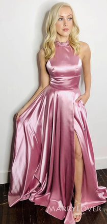 Morden Halter Satin A-line Long Evening Prom Dresses, Custom Side Slit Prom Dress, MR8838