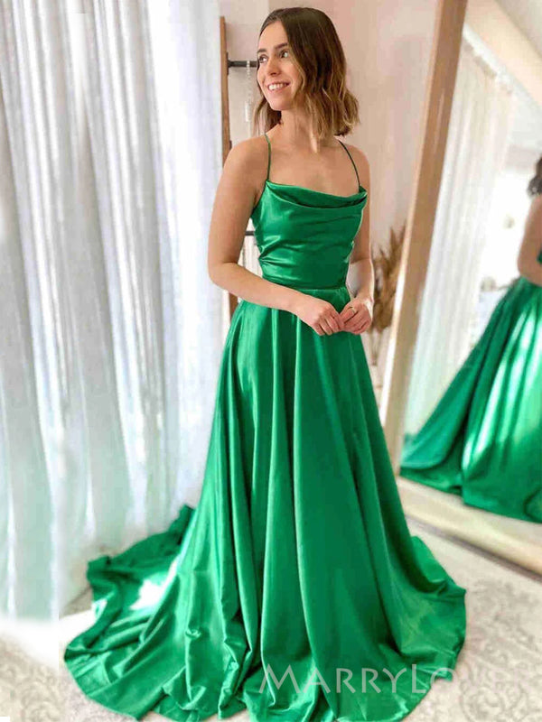 Simple A-line Green Satin Long Evening Prom Dresses, Custom Spaghetti Straps Prom Dress, MR8844