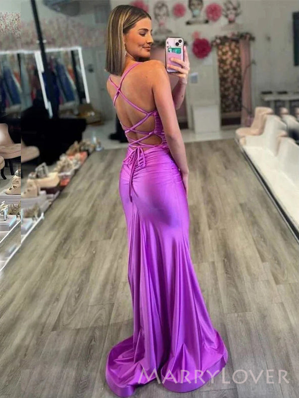 Sexy Spaghetti Straps Purple Satin Mermaid Long Evening Prom Dresses, – MarryLover