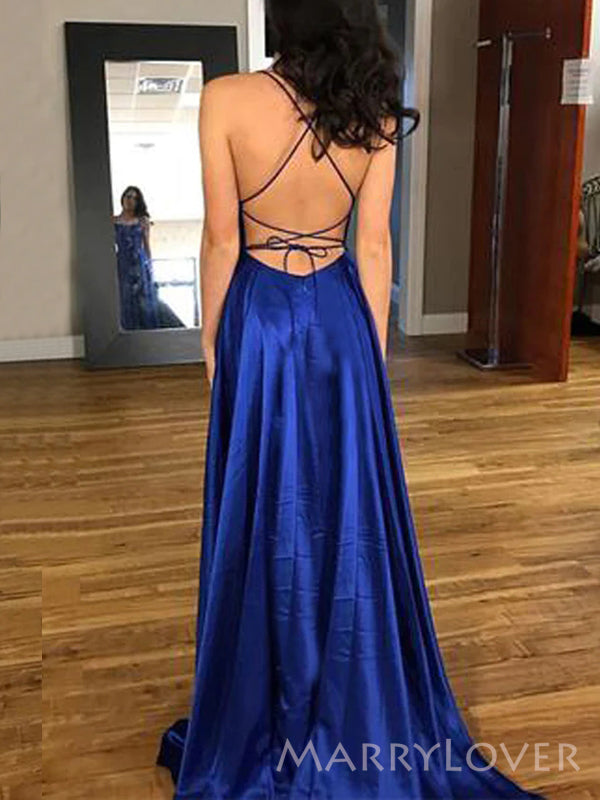 Spaghetti Straps Royal Blue Satin Long Evening Prom Dresses, Cheap A-line Custom Prom Dress, MR8850