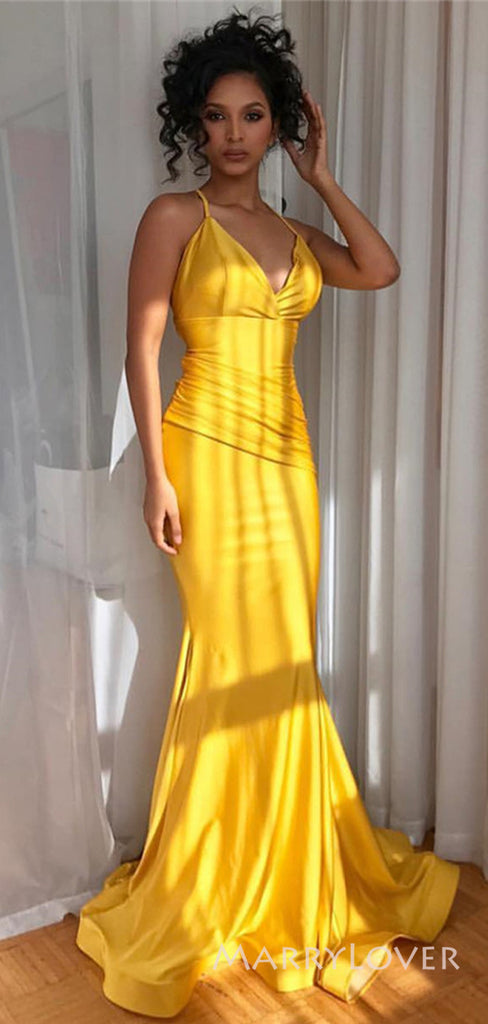 Spaghetti Straps Satin V-neck Long Evening Prom Dresses, Cheap Custom Mermaid Prom Dress, MR8852