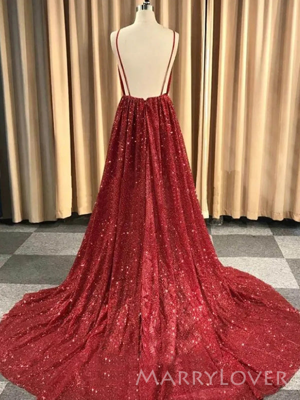A-line Dark Red Sparkly Spaghetti Straps Long Evening Prom Dresses, Ch – MarryLover