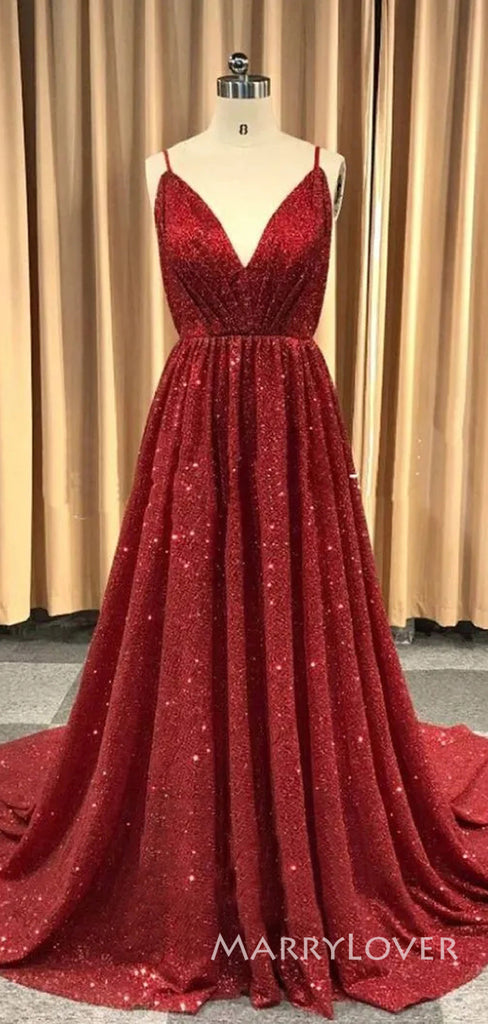 A-line Dark Red Sparkly Spaghetti Straps Long Evening Prom Dresses, Ch – MarryLover