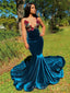 Deep V-neck Blue Velvet Appliques Mermaid Long Evening Prom Dresses, Cheap Prom Dress, MR8856