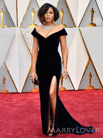 Mermaid Navy Blue Velvet Side Slit Long Evening Prom Dresses, Cheap V-neck Prom Dress, MR8858