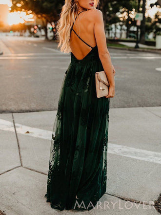 Dark Green Tulle A-line Long Evening Prom Dresses, Cheap V-neck Prom Dress, MR8860