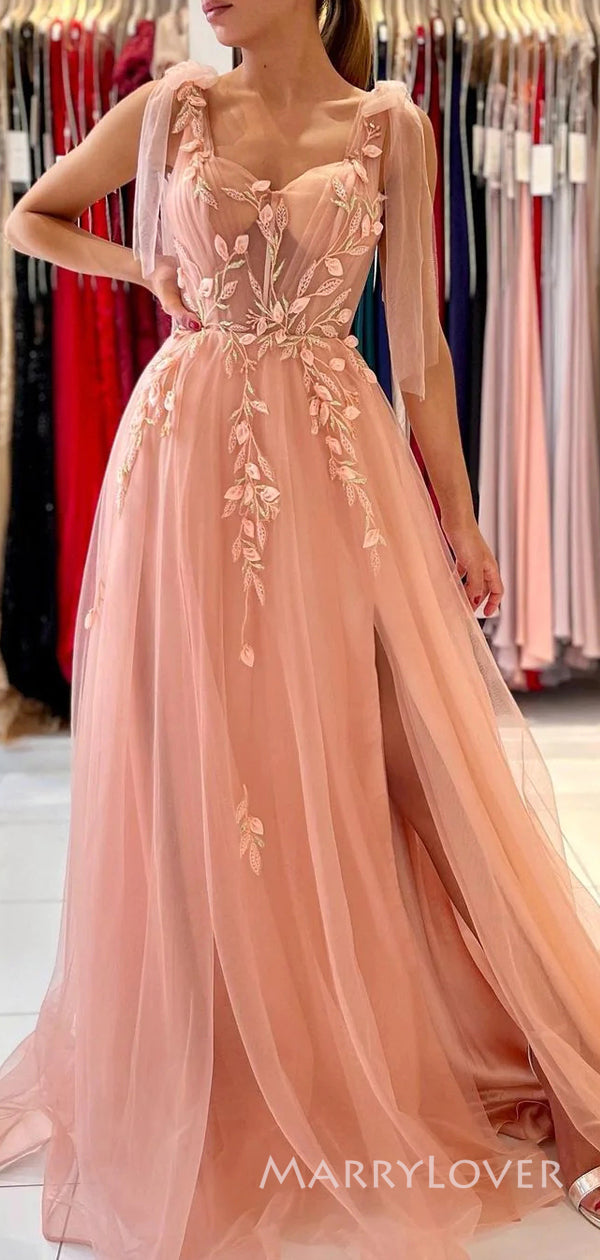 A-line Peach Tulle Appliques Long Evening Prom Dresses, Cheap Side Sli MarryLover A-line Peach Tulle Appliques Long Evening Prom Dresses, Cheap Side Sli MarryLover