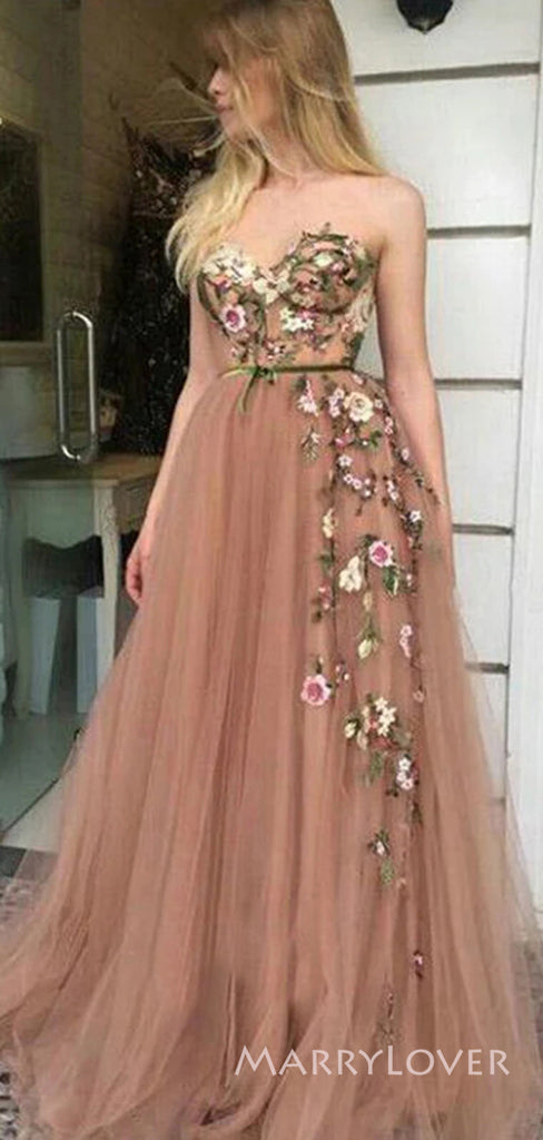 Strapless Tulle Appliques Long Evening Prom Dresses, Cheap Sweetheart Prom Dress, MR8862