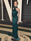 Halter Dark Green Satin Mermaid Long Evening Prom Dresses, Side Slit Custom Prom Dress, MR8863